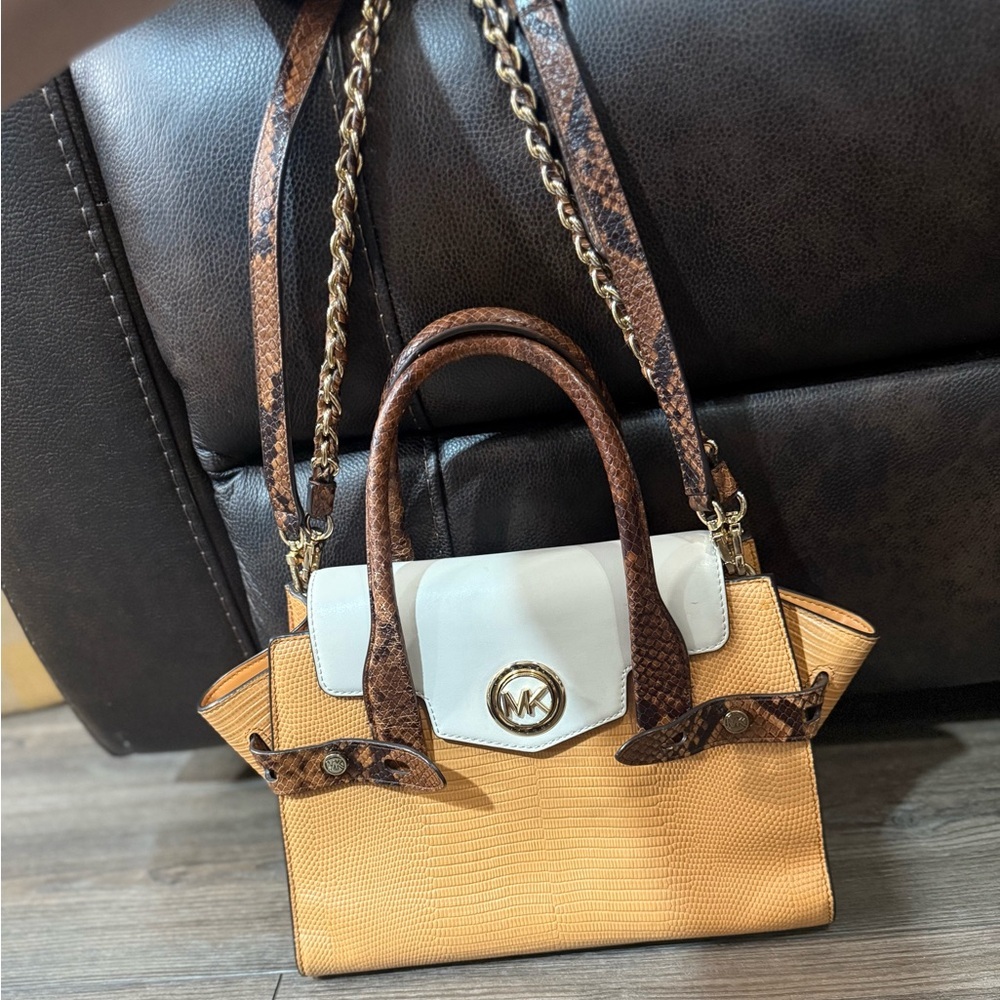 Michael Kors Carmen Small Flap Satchel Cider Multi Embossed Leather Bag - Picture 15 of 16
